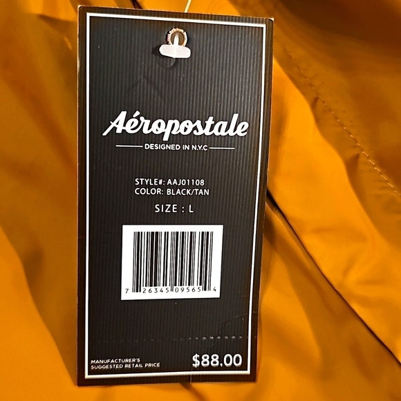 NWT Aeropostale Men Zip Windbreaker Hoodie Drawstring Logo Gold Black Large - Picture 7 of 15